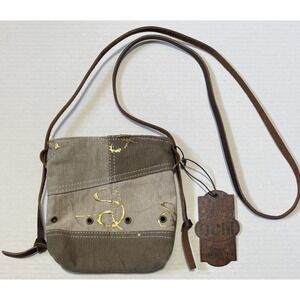 UCHI Genuine Leather Trim‎ Crossbody Bag Upcycled Vintage Wear - NWT - Size 7x7"